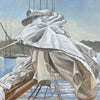 oil painting of a folded white sail with Vineyard Haven Harbor and tall ship in the background