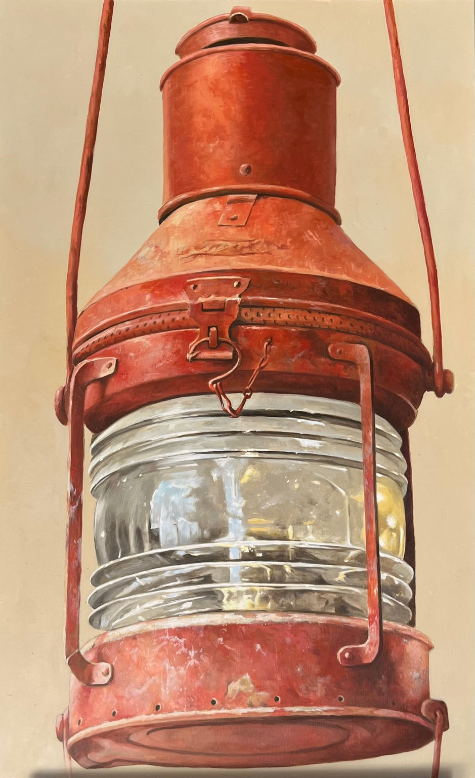 oil painting of a red nautical lantern