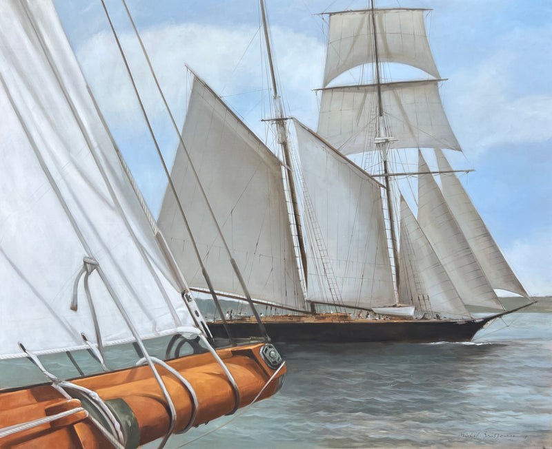 photorealist oil painting of the bow of a sailboat pointed toward a tall ship in Vineyard Haven harbor