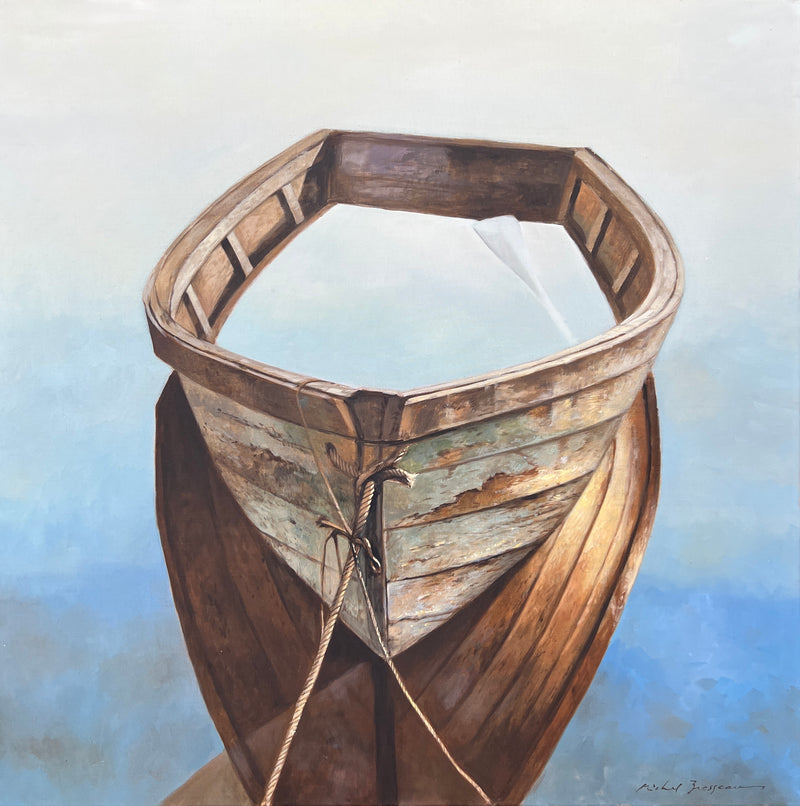 photorealist oil painting of a dinghy filled with water, reflecting in blue still water