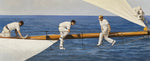 oil painting of men in white at the boon of a sailboat with blue sea behind