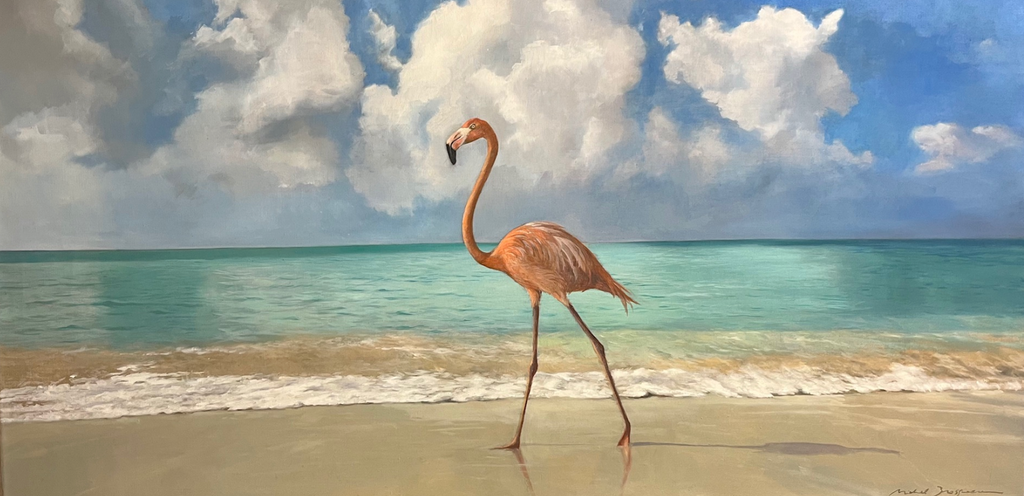 Painting of a pink flamingo strutting across a beautiful, tropical beach