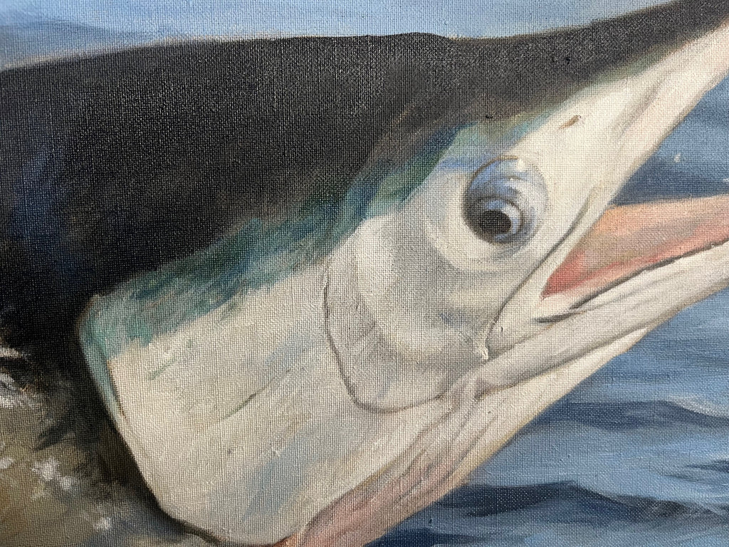 Painting of a marlin jumping out of the deep blue sea