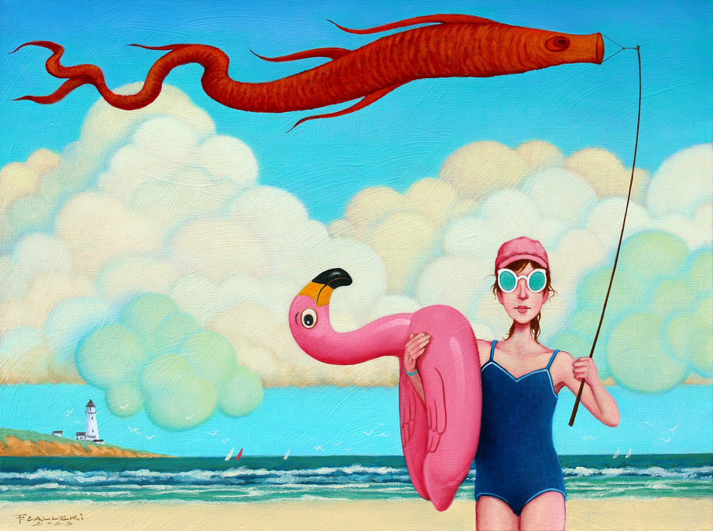 Oil painting of a girl on the beach with a flamingo floaty 