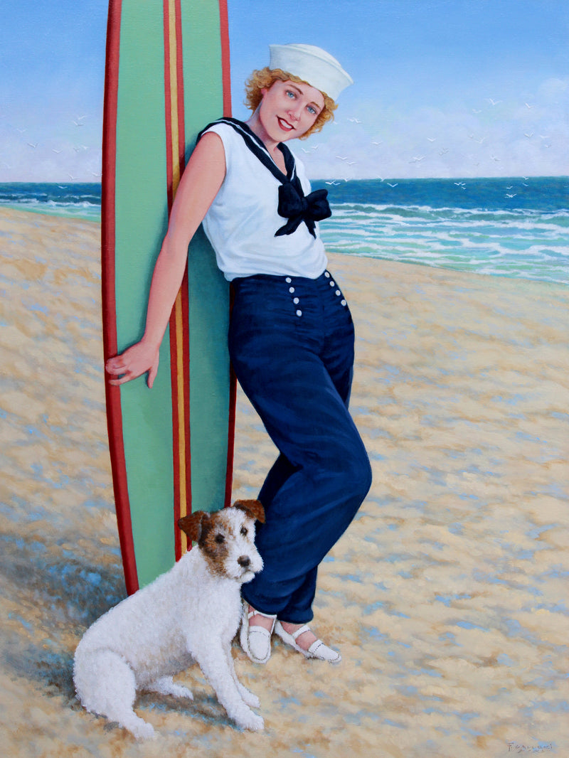 oil painting of a blonde woman with navy sailor pants, top and hat staning in front of a surfboard on the beach with terrier dog