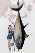 oil painting of a blond woman with vintage blue bathing suit standing next to huge fish with map of Cape Cod, Martha's Vineyard and Nantucket behind