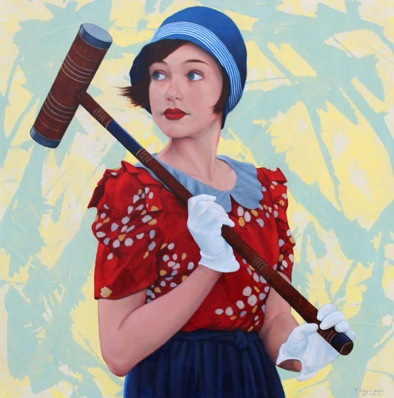 oil painting of a brunette woman in red and navy dress, white gloves holding croquet stick