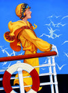 oil painting of woman in yellow jumpsuit and hat on a boat deckwith seagulls and blue sky behind
