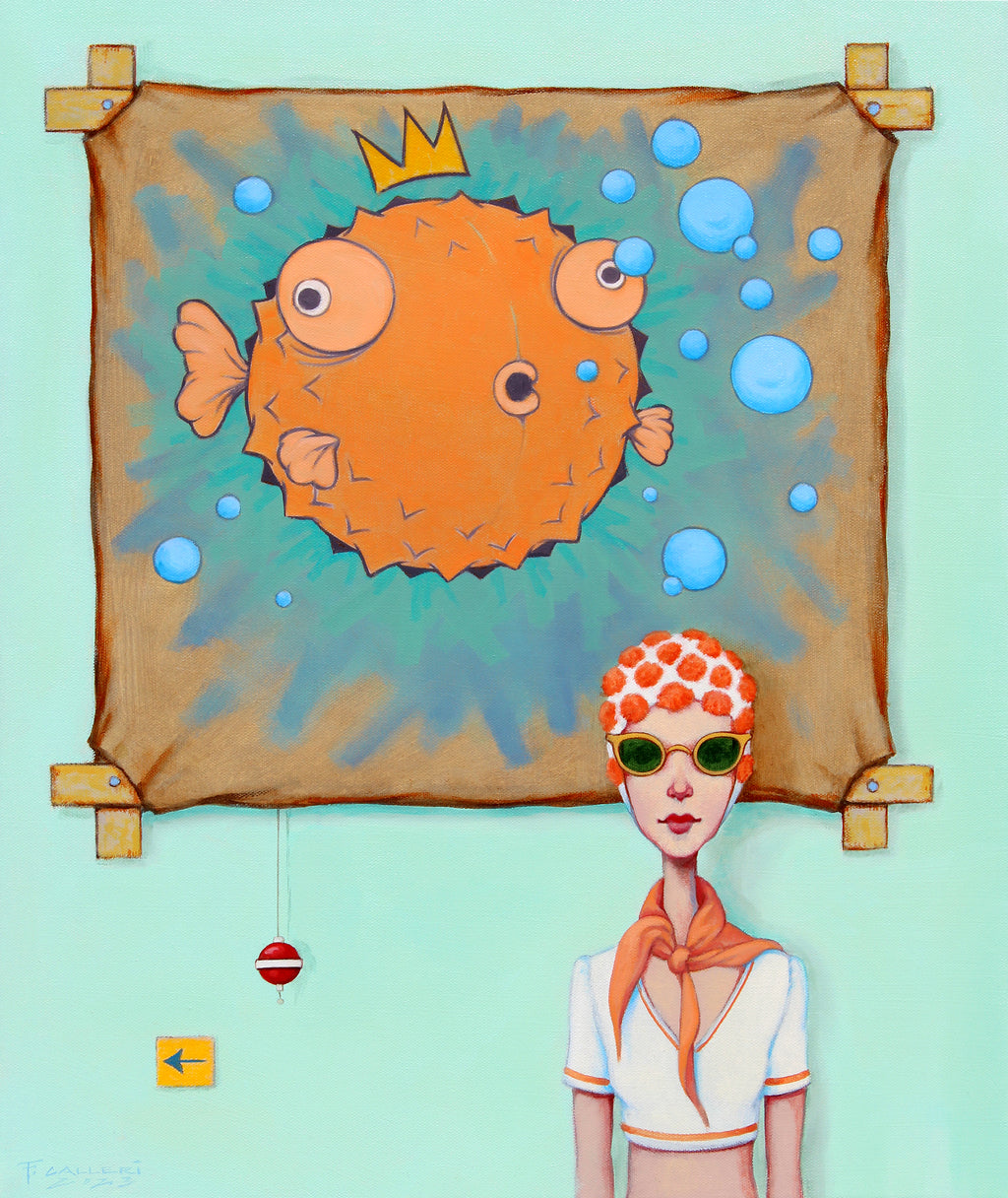 oil painting of a woman with sunglasses, orange and white cap, standing in front of orange puffer fish painting