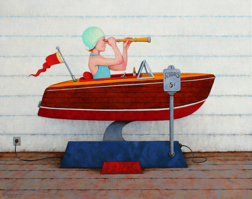 oil painting of a girl in blue swim cap sitting in a mechanical boat ride with telescope