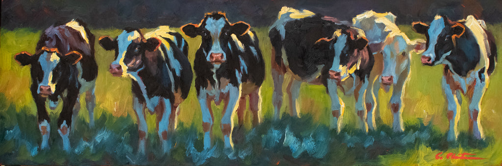 Horizontal oil painting of black and white cows in a row