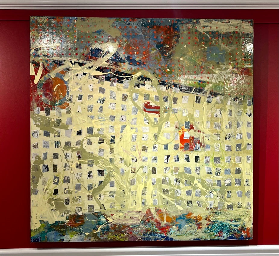 Abstract mixed media painting by Jylian Gustlin in Red, green, and blue