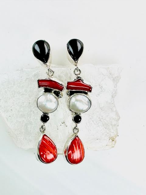 "Pair of Spiny Oyster Oxblood Coral & Pearl with Onyx Earring Dangle Posts"