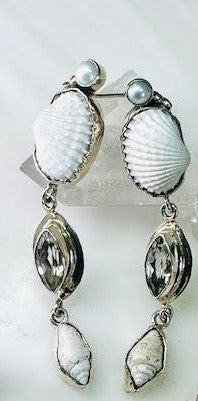 "Sterling Silver & White Fan Shell with White Topaz Spiral Shell Dangle Post Earrings"
