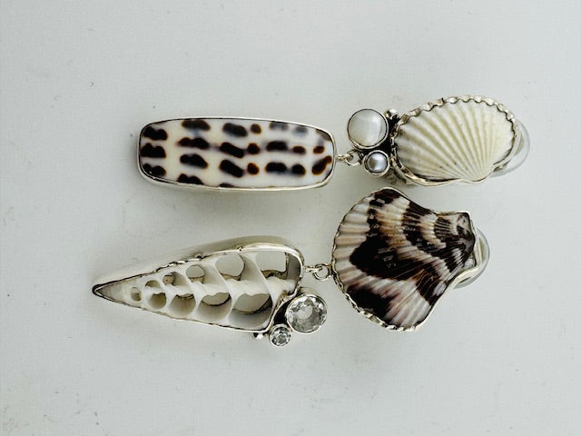 "Asymmetrical fan shell, conus shell, white topaz, pearl earring clip"