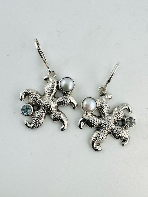 "Sterling silver starfish, blue topaz, pearl earring"