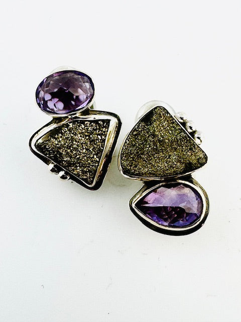 "Large asymmetrical rainbow pyrite, amethyst earring"