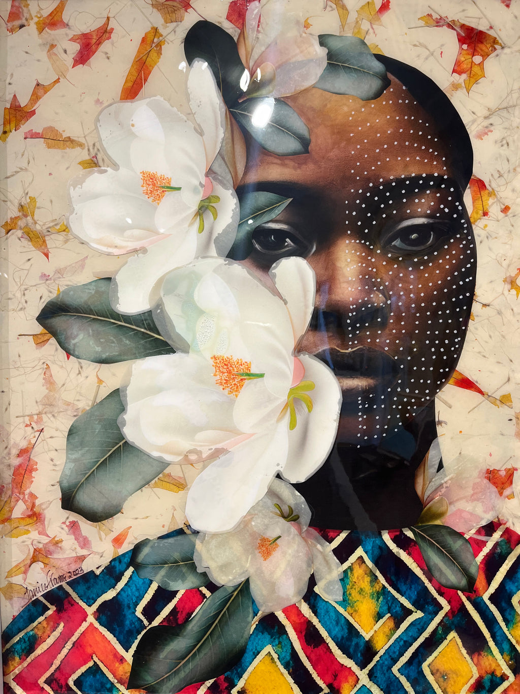 Portrait of a woman with flower crown wearing African dress 