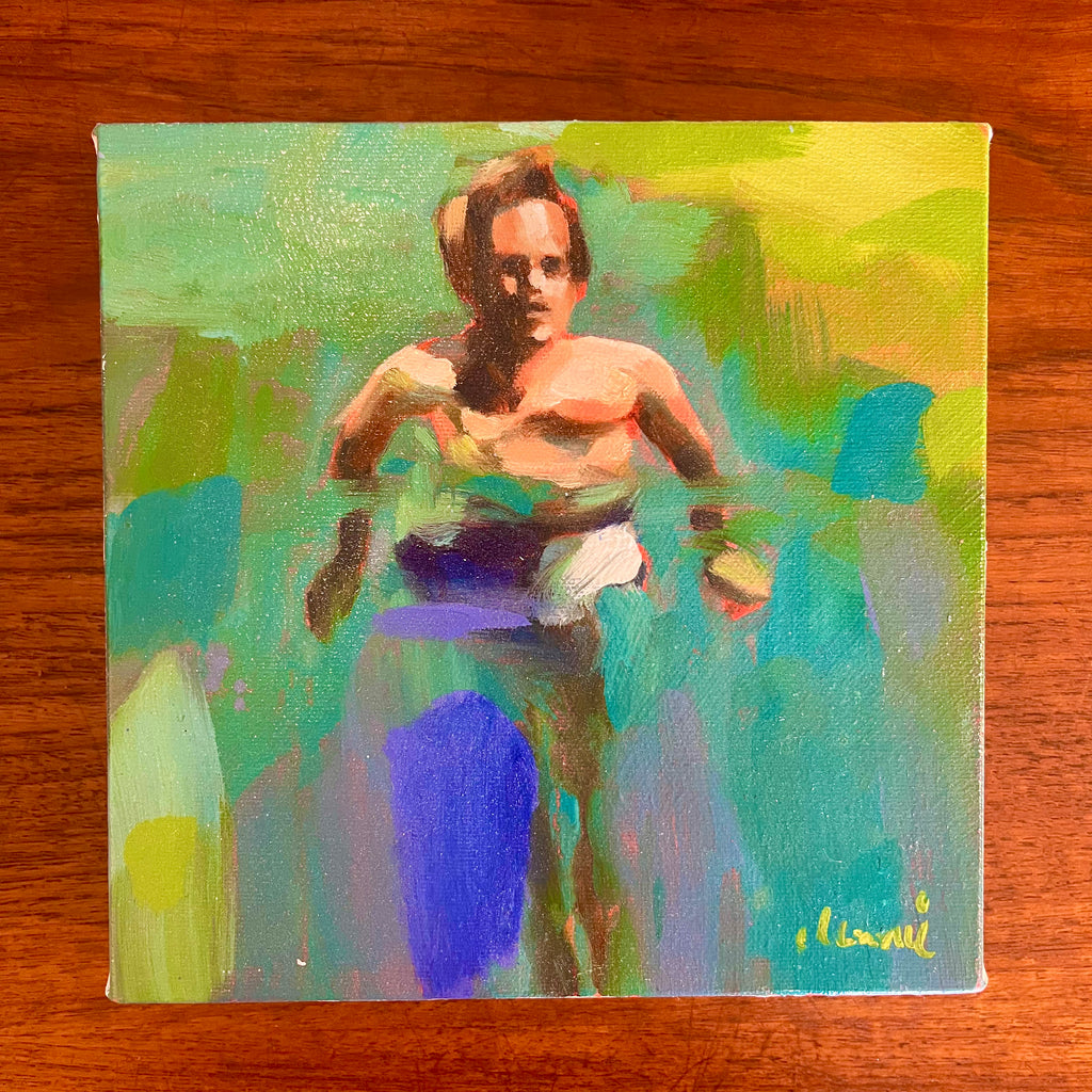 Oil painting by Elizabeth Lennie of a man treading abstract water in blues and greens