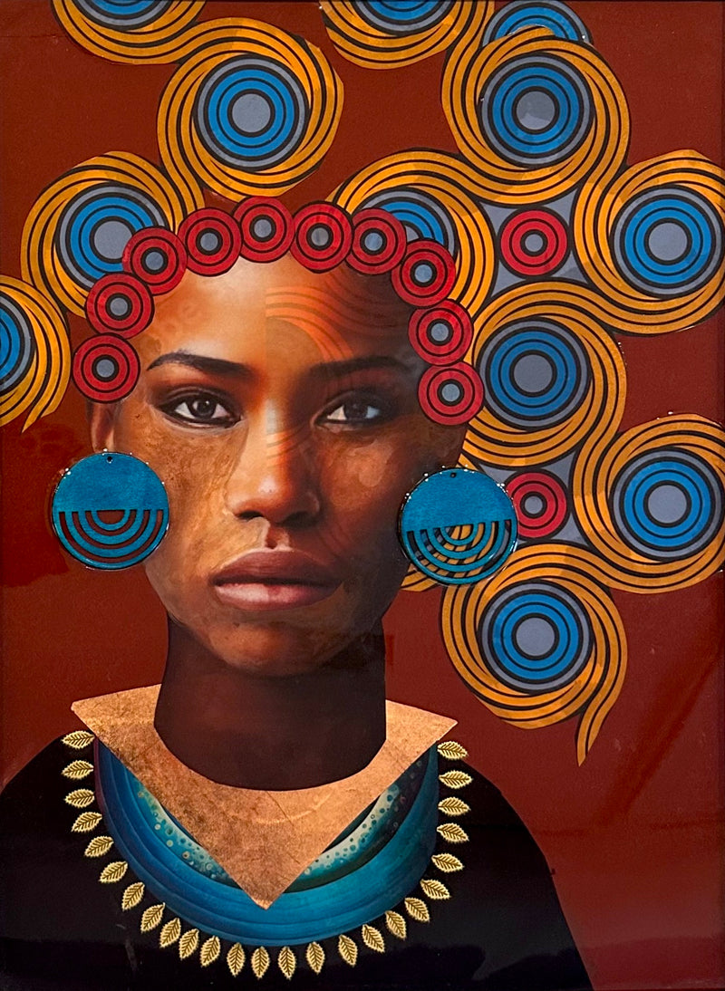 tribal african fine art red blue yellow circles portrait mixed media 