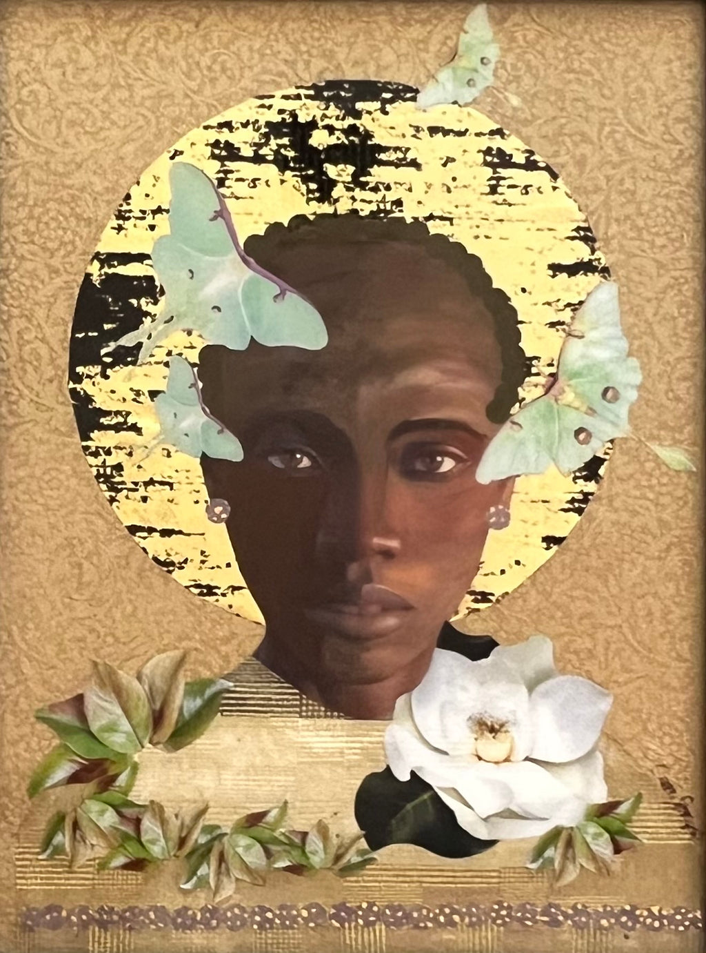 mixed media african art gold blue butterflies white flower moon love