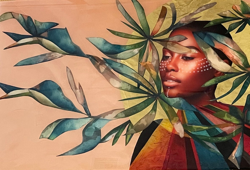 Mixed media collage of woman with green halo and leaves reaching forward