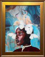 Portrait of a woman looking into the distance, a necklace of cowry shells and white butterflies line her figure. A blue sky with butterflies and birds  cover the background