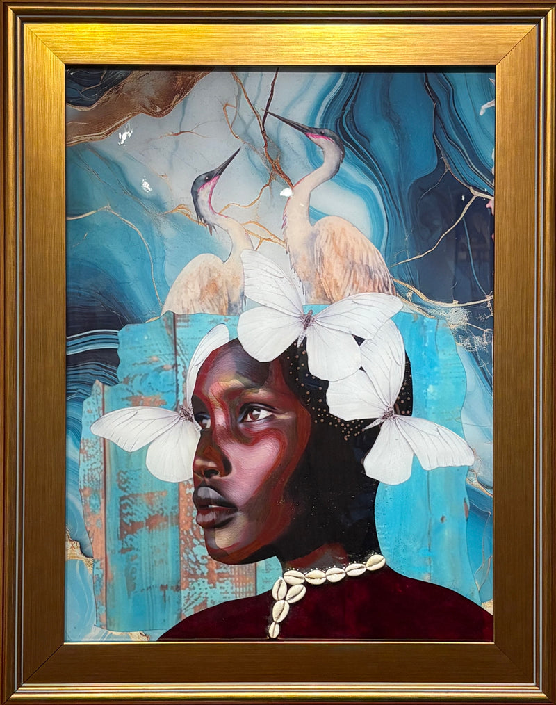 Portrait of a woman looking into the distance, a necklace of cowry shells and white butterflies line her figure. A blue sky with butterflies and birds  cover the background
