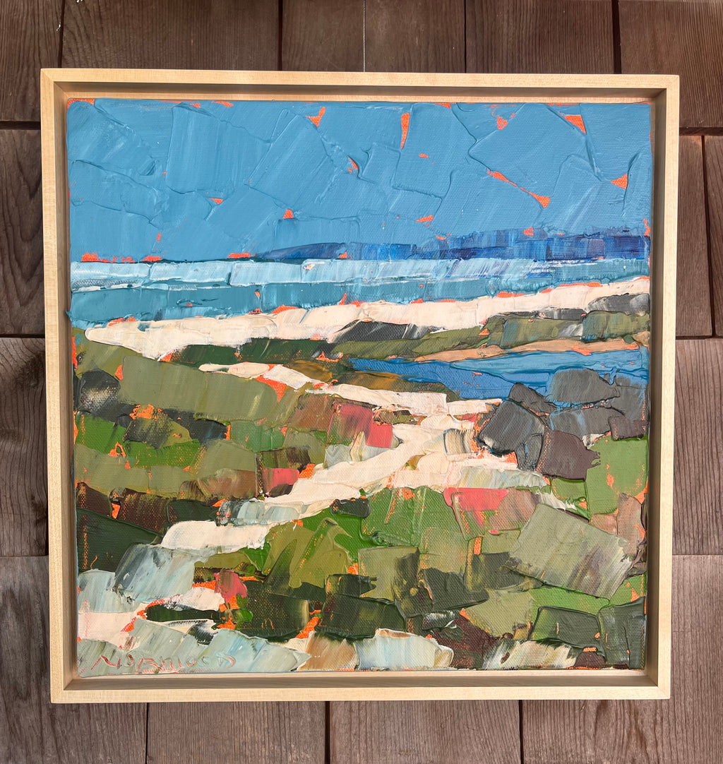 Acrylic painting of greenery in front of a blue pond