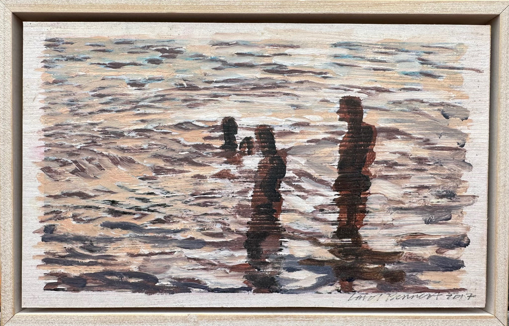 Oil painting of four figures swimming at dusk