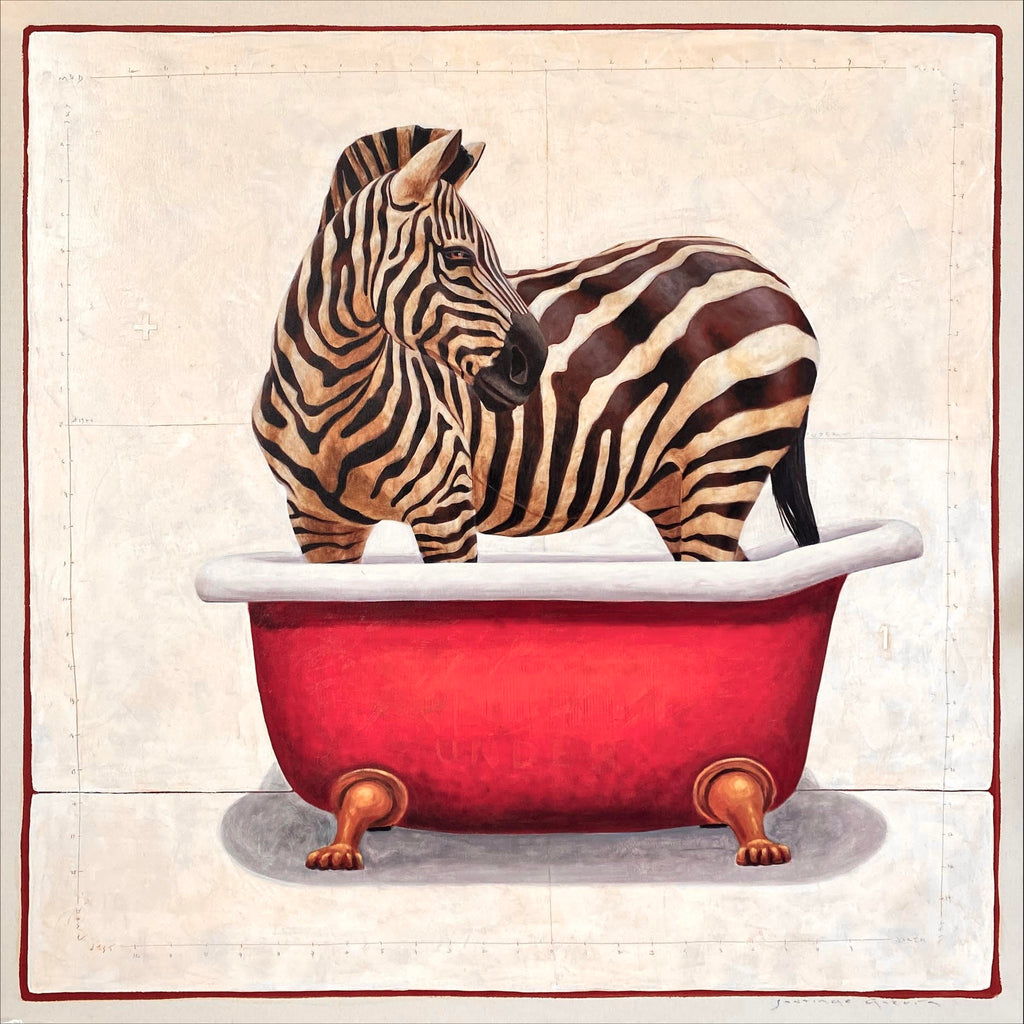acrylic painting of a black and white zebra in a red clawfoot bathtub