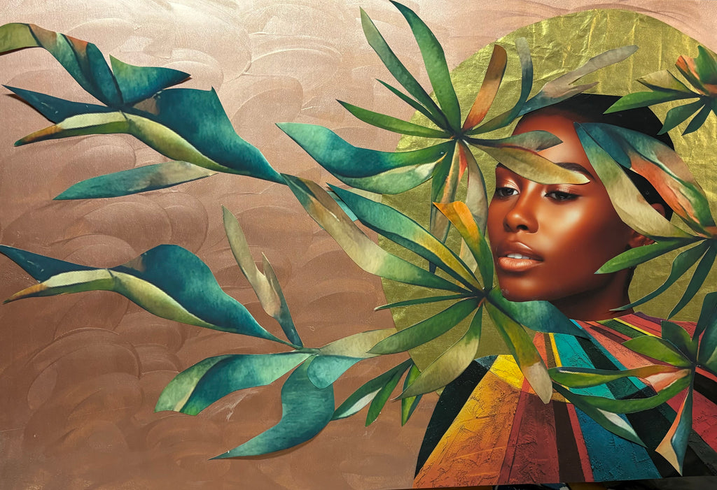 Mixed media collage of woman with green halo and leaves reaching forward