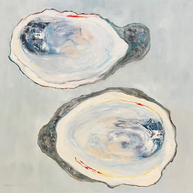 Oil painting of two oysters with gray background