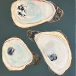 Mixed media painting of three oysters with dark teal background