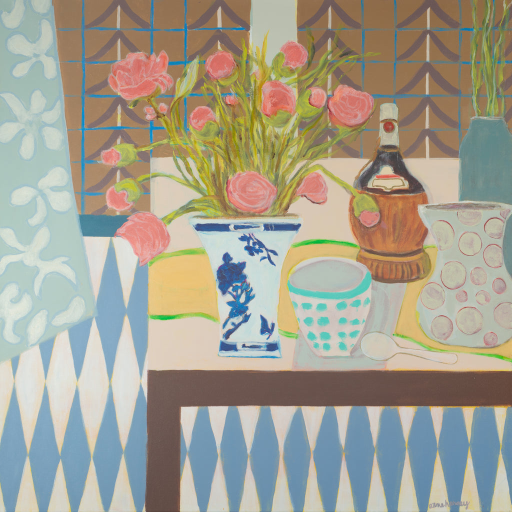 Painting of a tabletop filled with a vase of flowers and a few bottles. The floor is patterned with blue diamonds