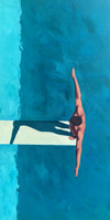 Vertical oil painting of a man standing on a diving board over turquoise water from above