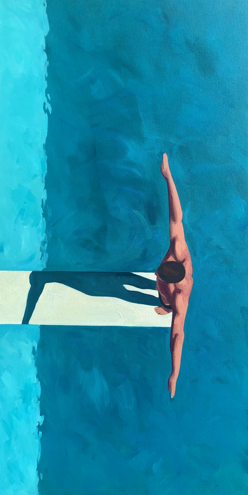 Vertical oil painting of a man standing on a diving board over turquoise water from above