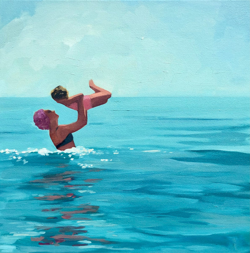 oil painting of a woman holding a child in the air over the ocean