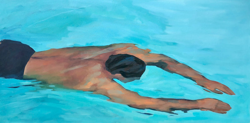 oil painting of a man swimming under turquoise water