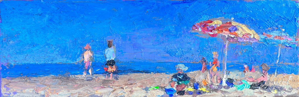 panoramic oil painting of people on the beach with umbrellas, blue sky