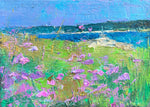 impressionist style oil painting of pink flowers in dune grass with beach and water