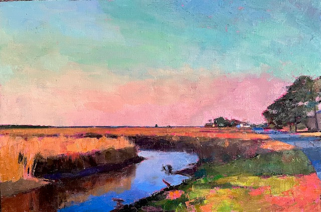 oil painting of marsh with blue sky and pink clouds