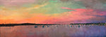 horizontal oil painting of a pink, orange and purple sunset over Edgartown harbor