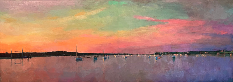 horizontal oil painting of a pink, orange and purple sunset over Edgartown harbor