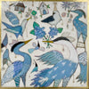 figurative animal mixed media painting of birds decorated with gems, party hats, flowers and bird houses in gold leaf 