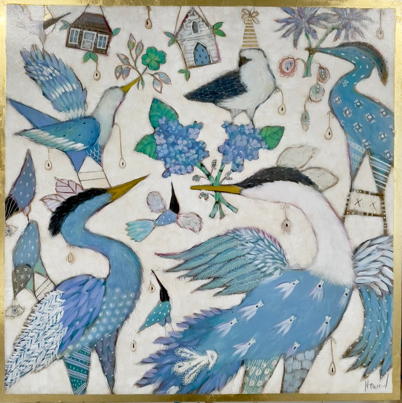 figurative animal mixed media painting of birds decorated with gems, party hats, flowers and bird houses in gold leaf 