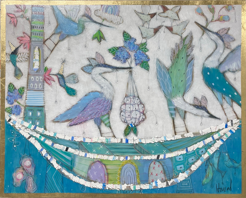 figurative painting of birds in a boat decorated with flowers, berries, party hats and gold leaf