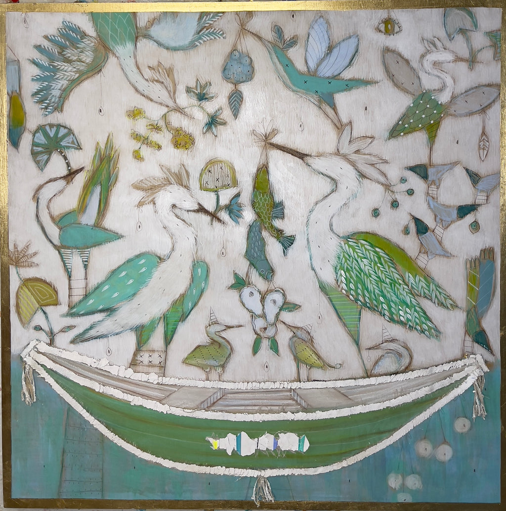 cranes provide for their babies as they float in a boat on the shore. This mixed media piece is full of blues, greens, and gold