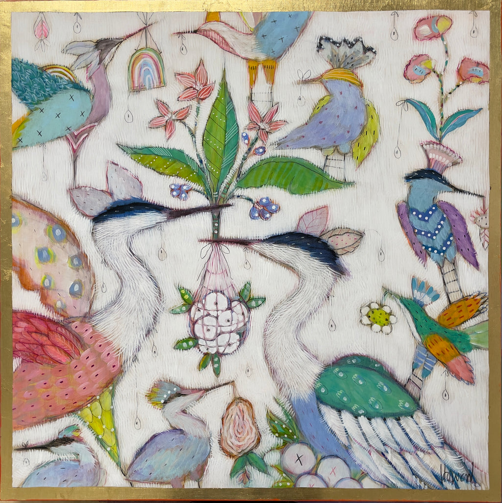 Colorful image of birds at play surrounded by florals and rainbows. Edged with gold leaf