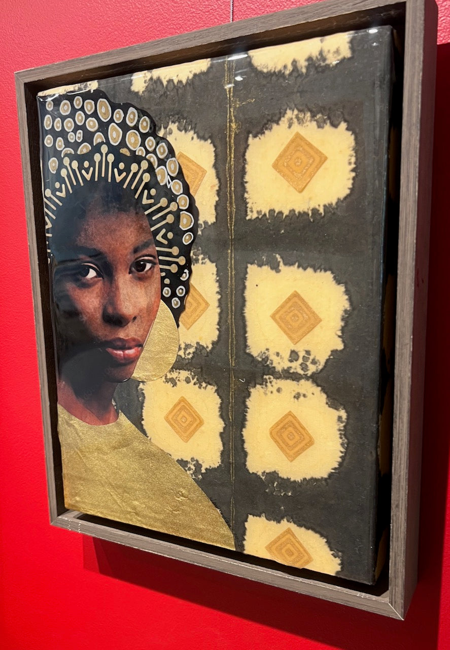 Mixed Media painting by Janice Frame of a black woman with black and white crown detail and yellow shirt